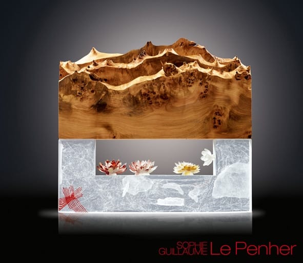sculpture en loupe de peuplier huilé et pâte de verre par Sophie et Guillaume Le Penher