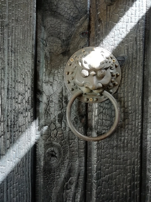 Raie de lumière sur ce lion en bronze fixé sur le bardage shou sugi ban à l'entrée de notre maison en bois brûlé