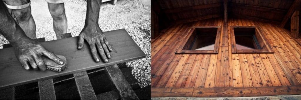 Composition de 2 photos qui montre le procédé du brossage et le résultat final du bois brûlé brossé