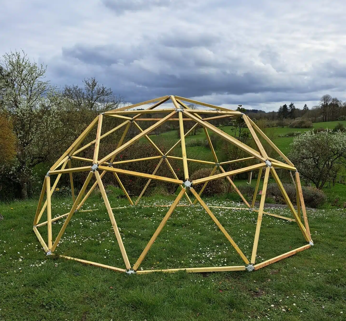structure seule de dôme géodésique montée avec les connecteurs hubs