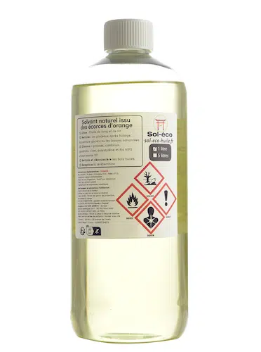 vue arrière d'un bidon d'huile d'orange Sol-éco de 1 litre