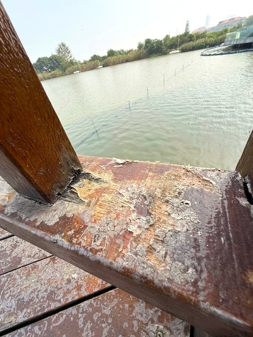 vernis écaillé sur un ponton en bois